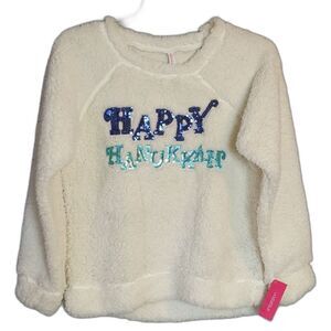 Xhilaration Happy Hanukkah White Cream Sherpa Pullover Sequins Juniors L NWT
